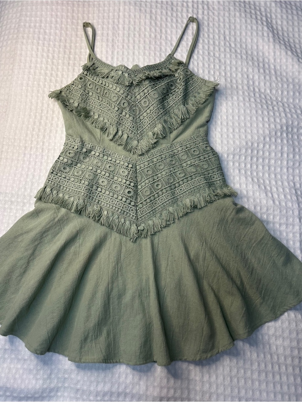 Women's Sage Green Mini Dress with Crochet Trim